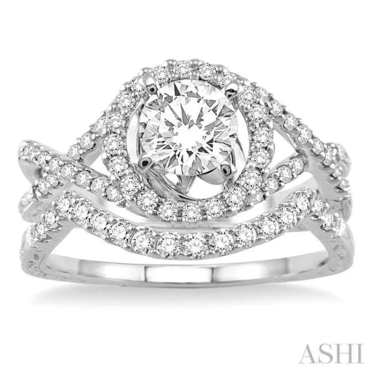 1 1/5 Ctw Diamond Wedding Set with 1 Ctw Round Cut Engagement Ring and 1/5 Ctw Wedding Band in 14K White Gold