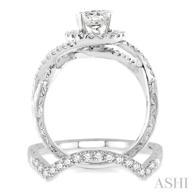 1 1/5 Ctw Diamond Wedding Set with 1 Ctw Round Cut Engagement Ring and 1/5 Ctw Wedding Band in 14K White Gold