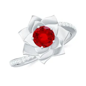 1 CT Created Ruby Flower Engagement Ring with Diamond