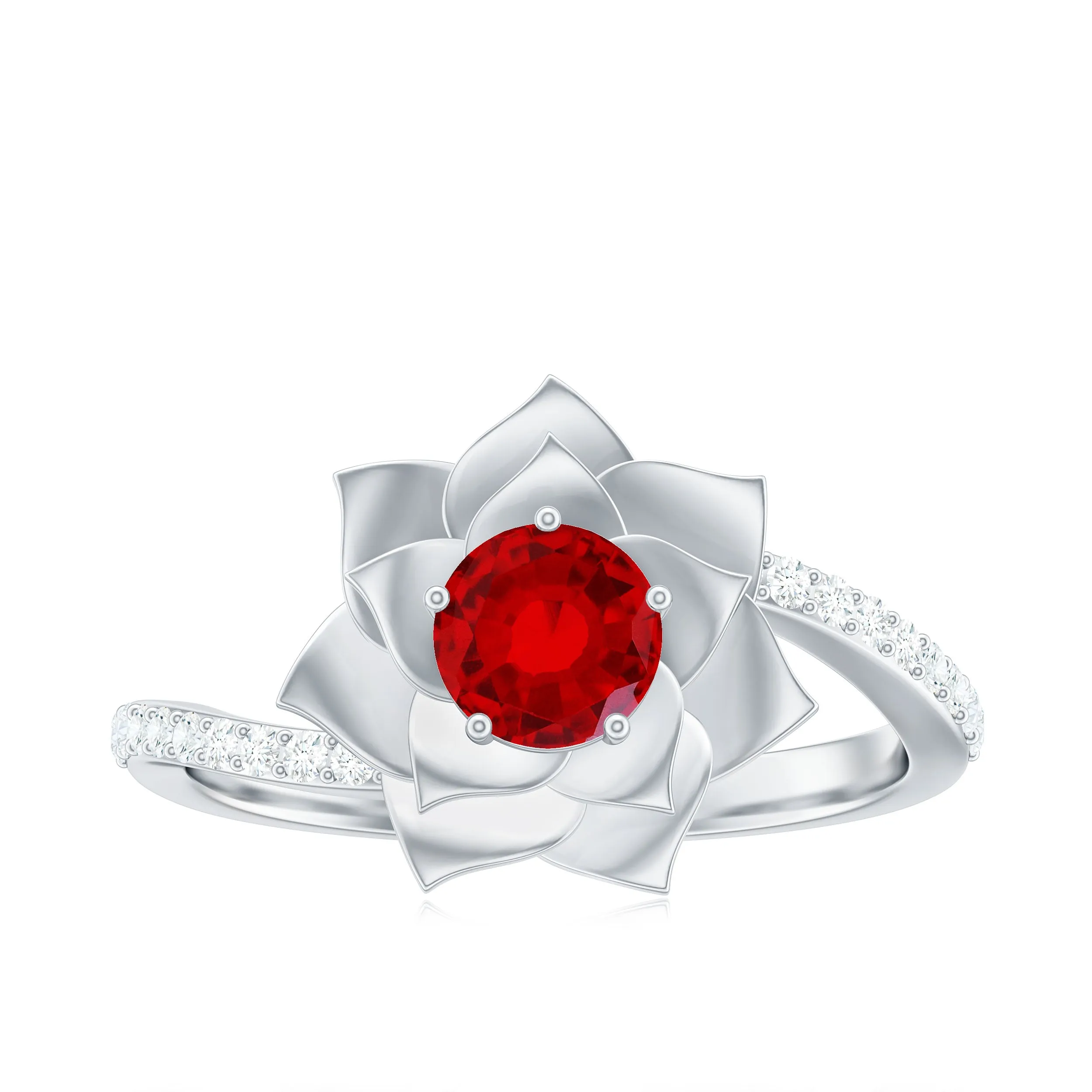 1 CT Created Ruby Flower Engagement Ring with Diamond