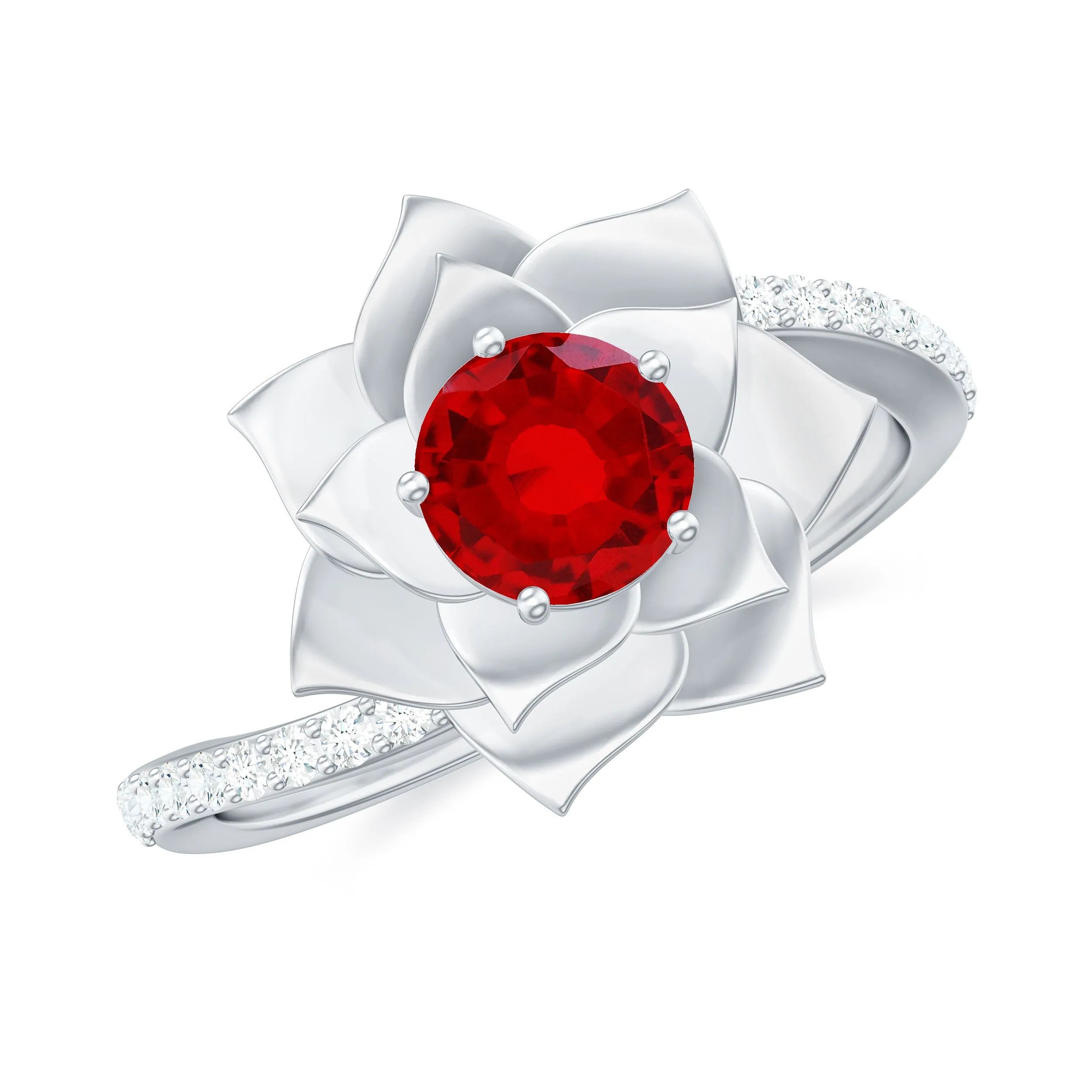 1 CT Created Ruby Flower Engagement Ring with Diamond