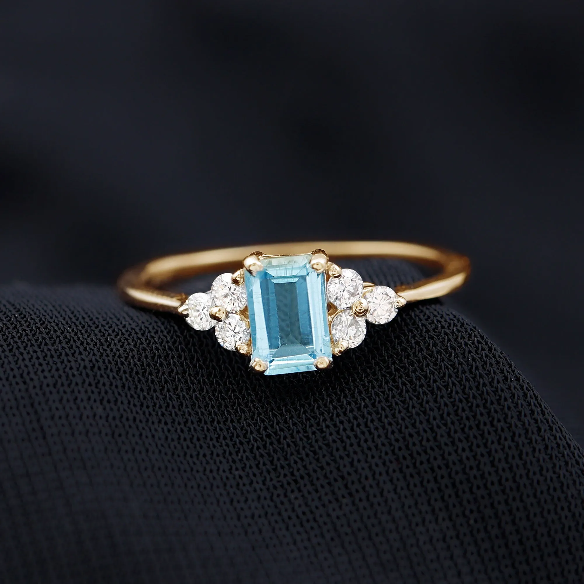 1 CT Octagon Cut Aquamarine Solitaire Ring with Diamond Trio