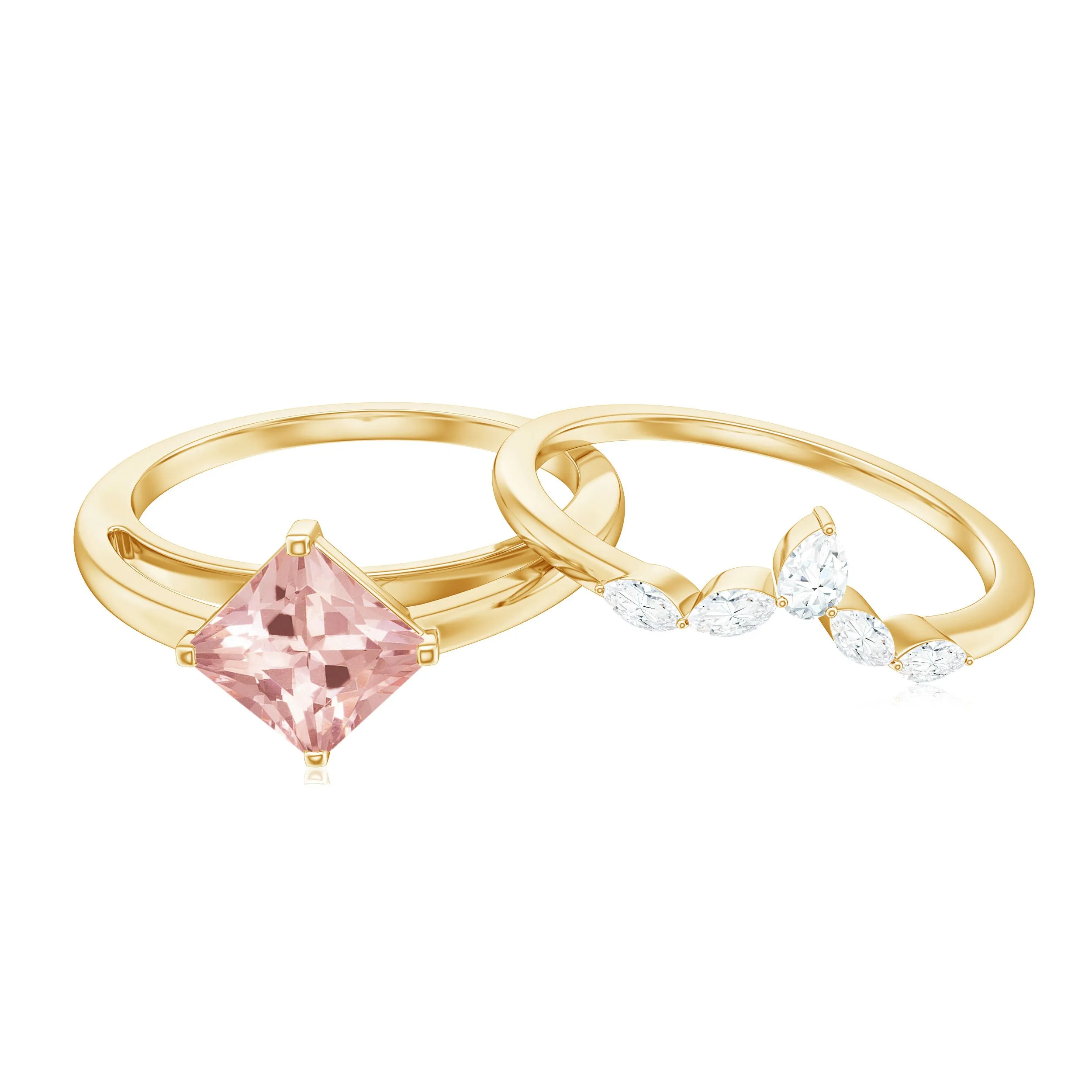 1 CT Princess Cut Morganite and Diamond Solitaire Ring Set