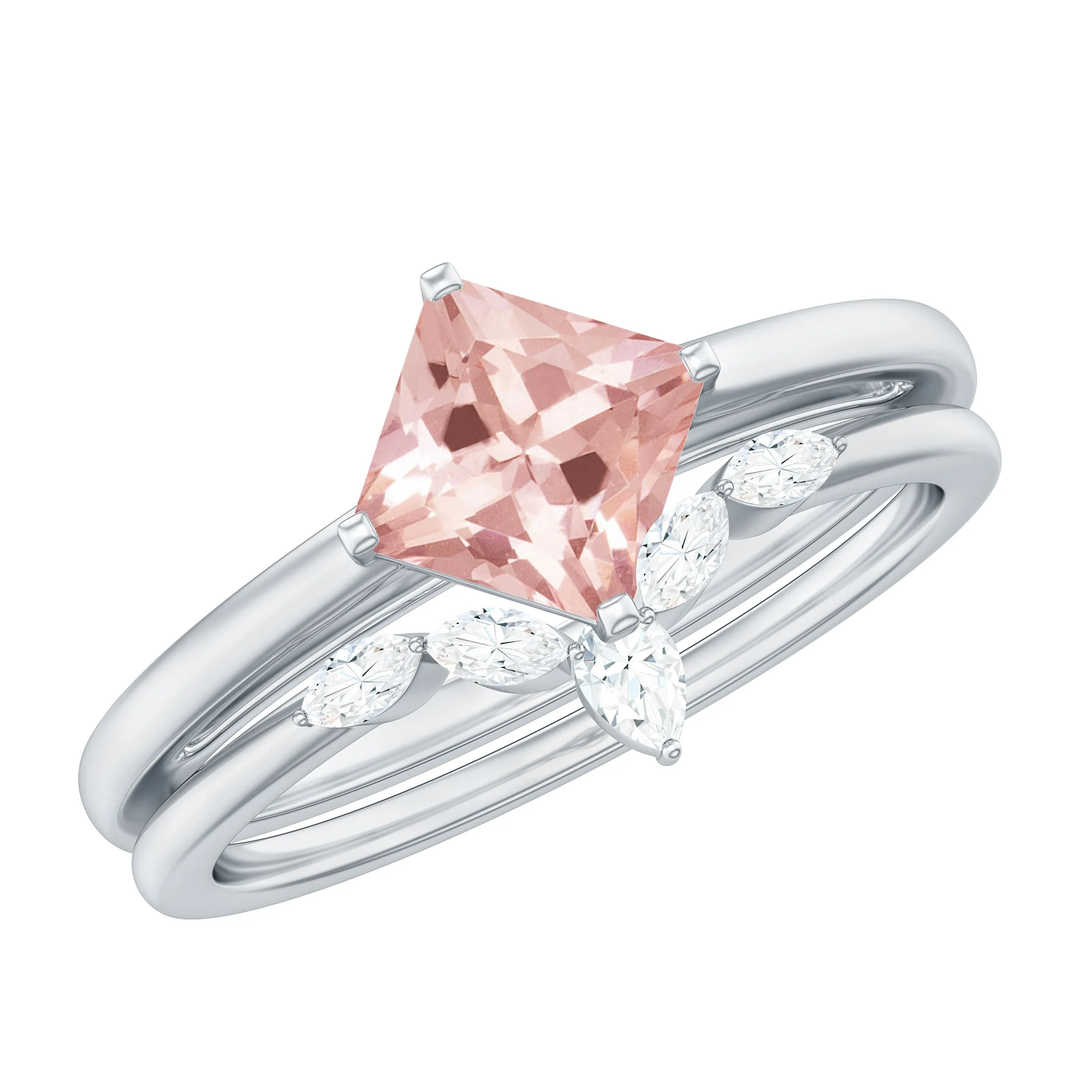 1 CT Princess Cut Morganite and Diamond Solitaire Ring Set