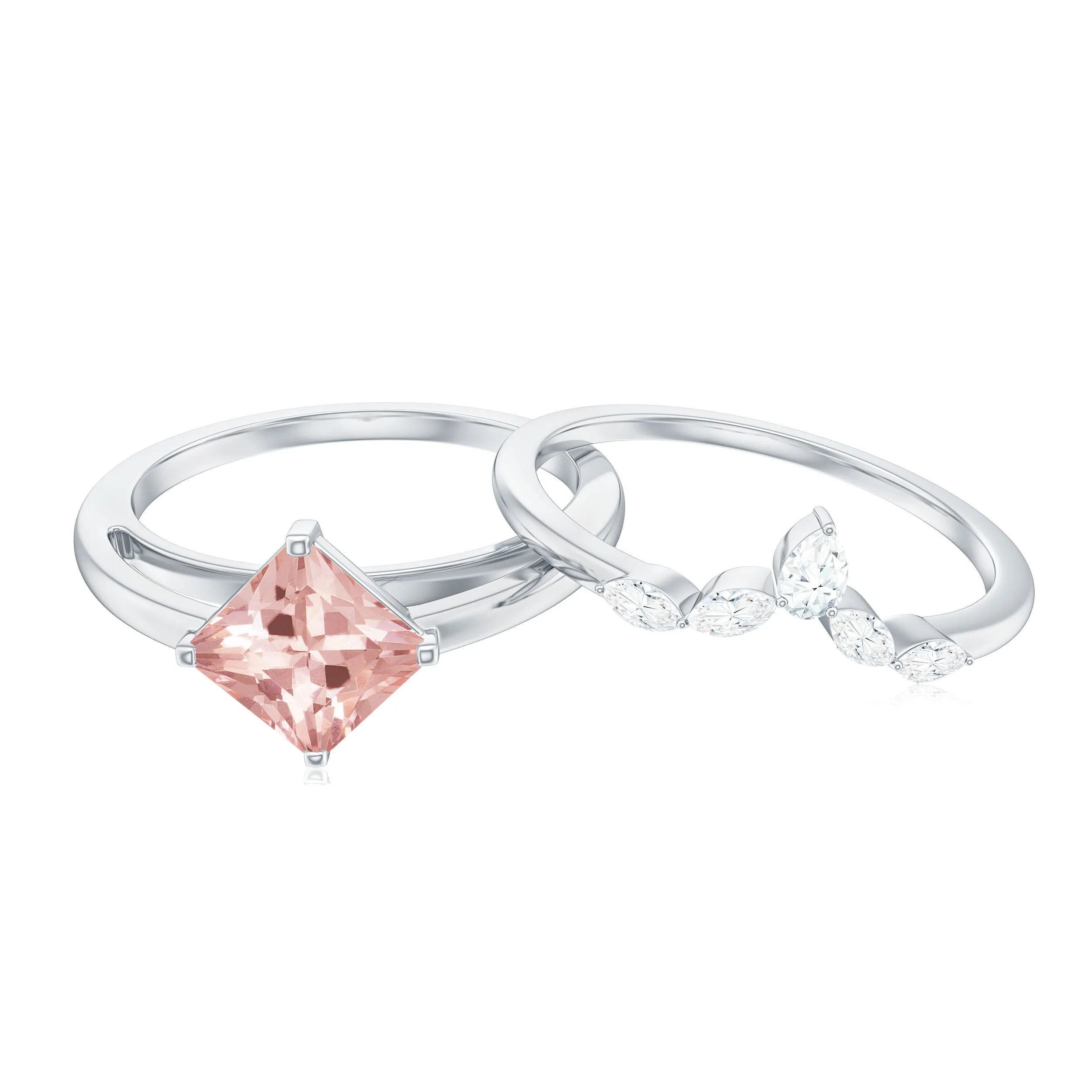 1 CT Princess Cut Morganite and Diamond Solitaire Ring Set