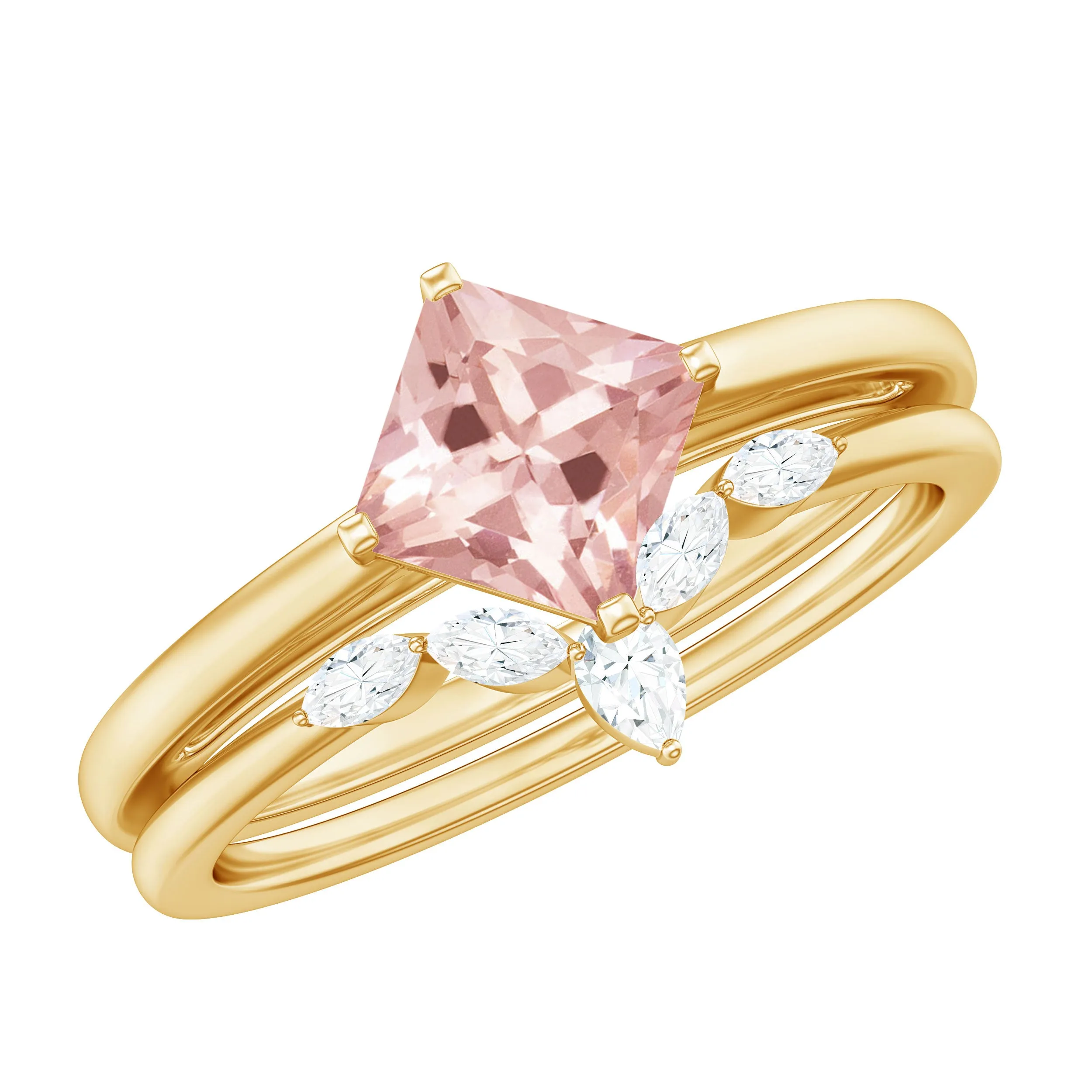 1 CT Princess Cut Morganite and Diamond Solitaire Ring Set