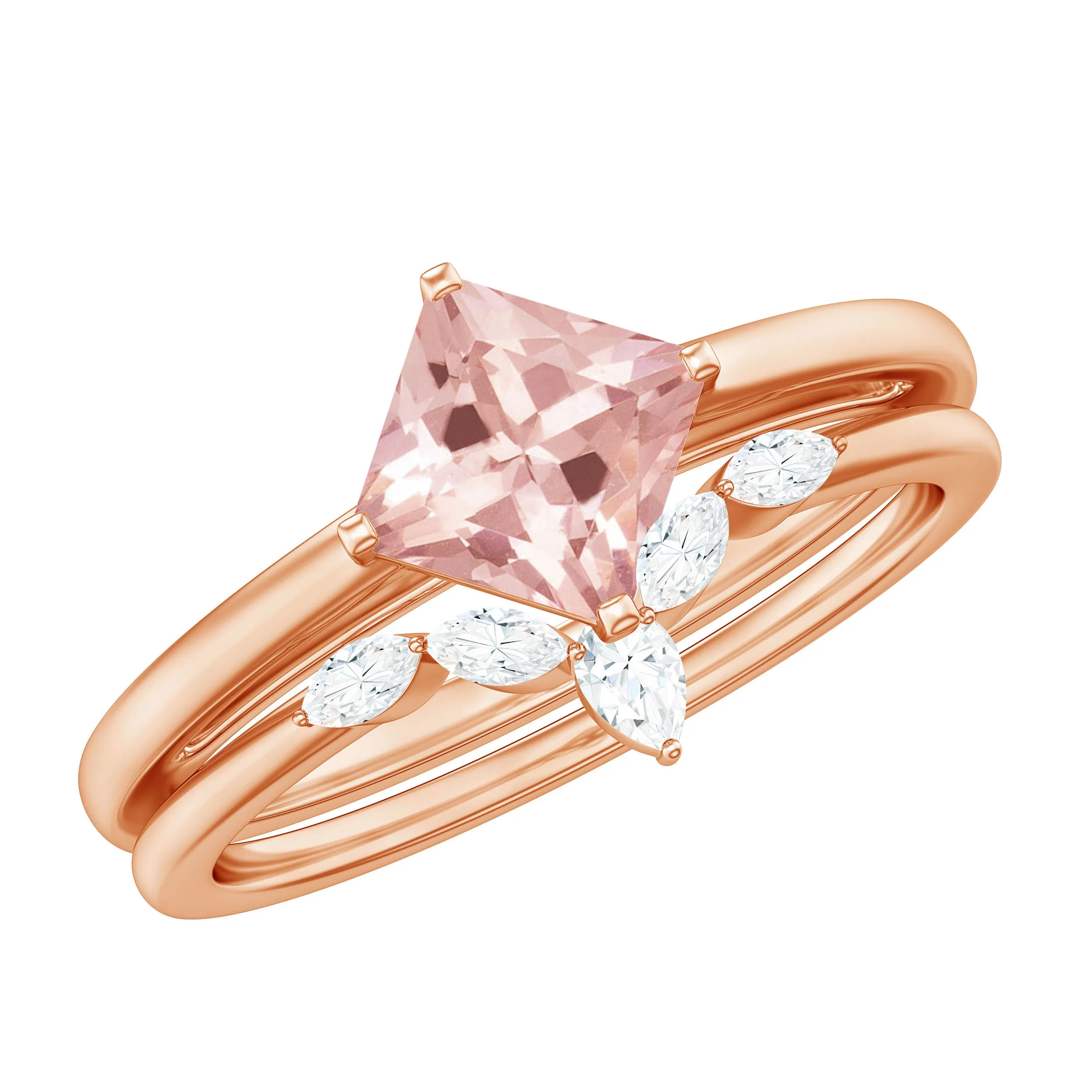 1 CT Princess Cut Morganite and Diamond Solitaire Ring Set