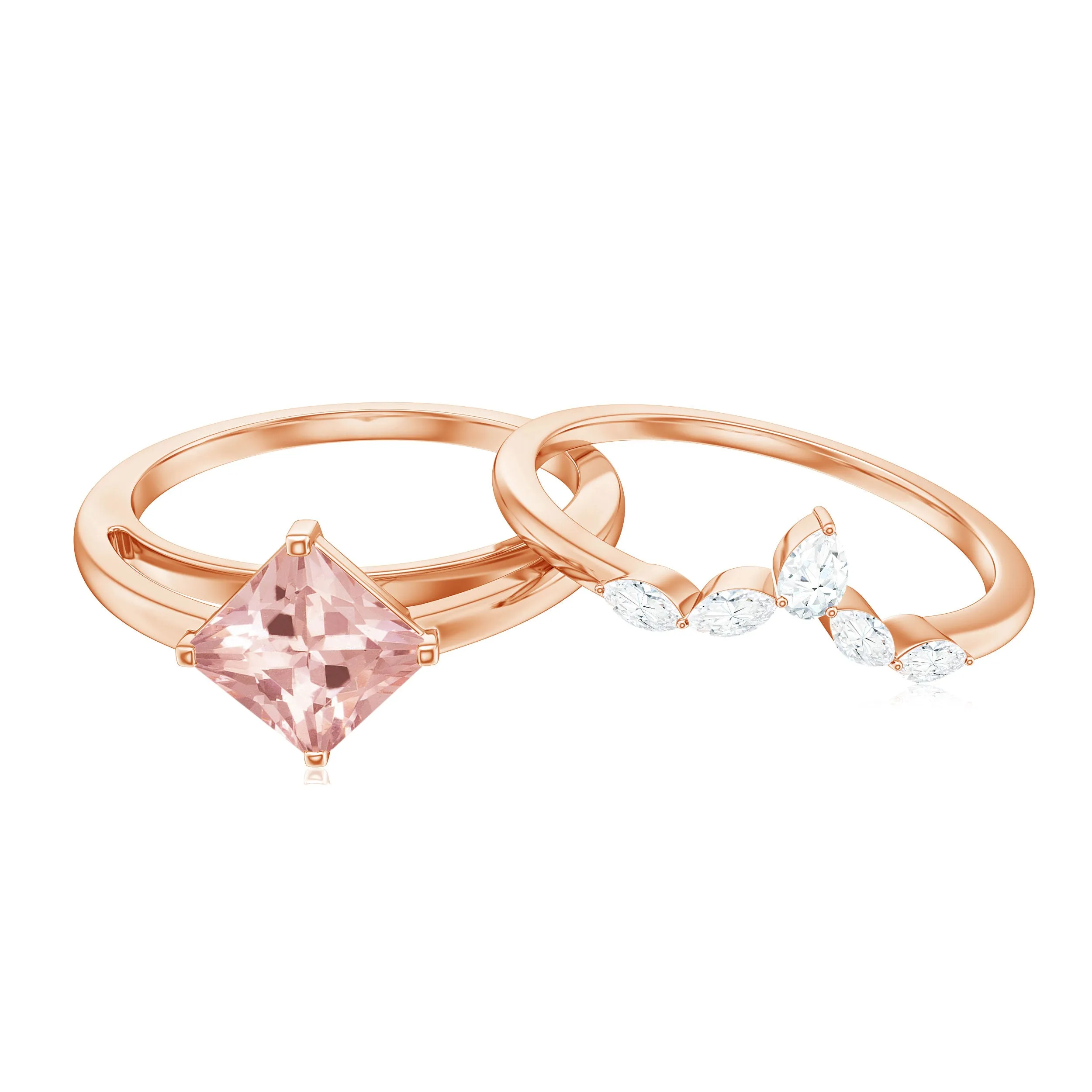 1 CT Princess Cut Morganite and Diamond Solitaire Ring Set