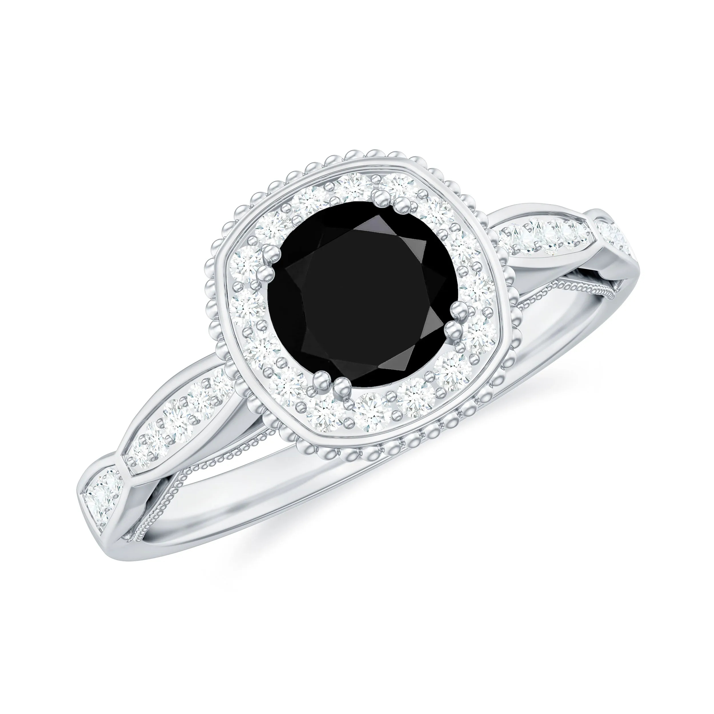 1 CT Vintage Black and White Diamond Halo Engagement Ring