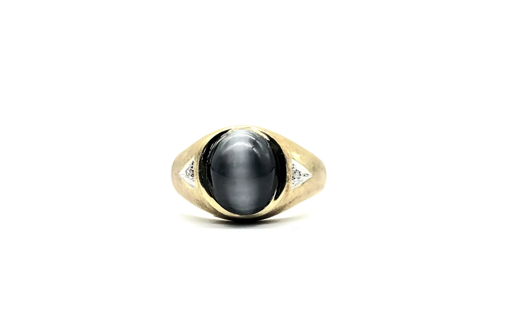 10k Yellow Gold Gray Cats Eye with DCPs Bezel Ring