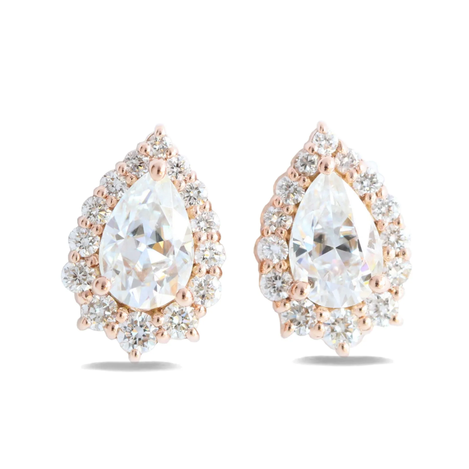 1.22 Ct. Tiara Pear Halo Earrings w/ Moissanite and Diamond in Gold Studs