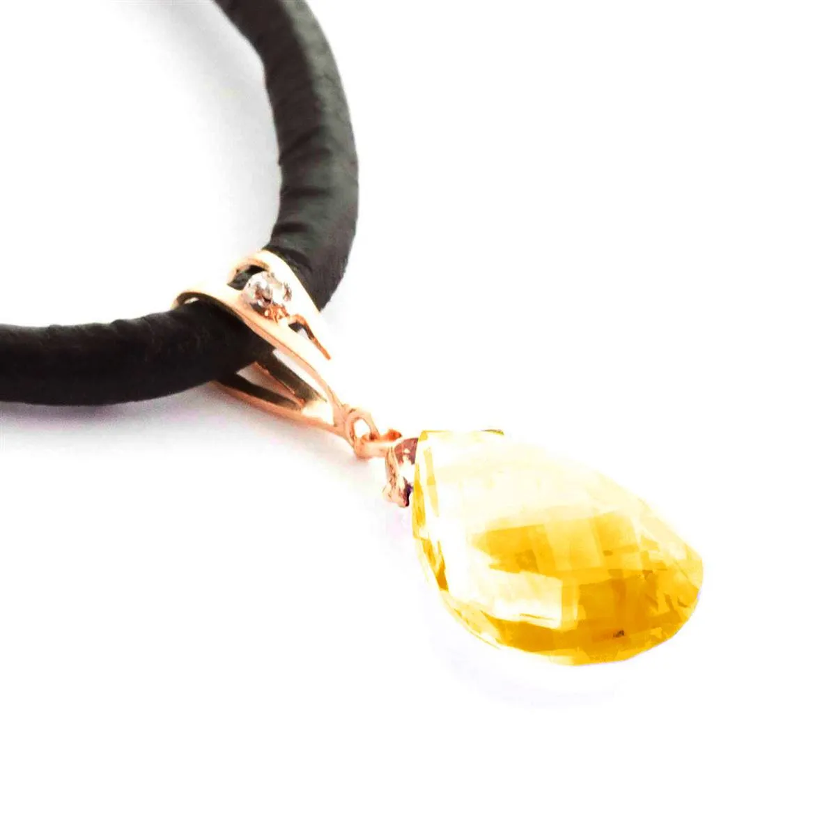 14K Solid Rose Gold & Leather Diamond & Citrine Necklace