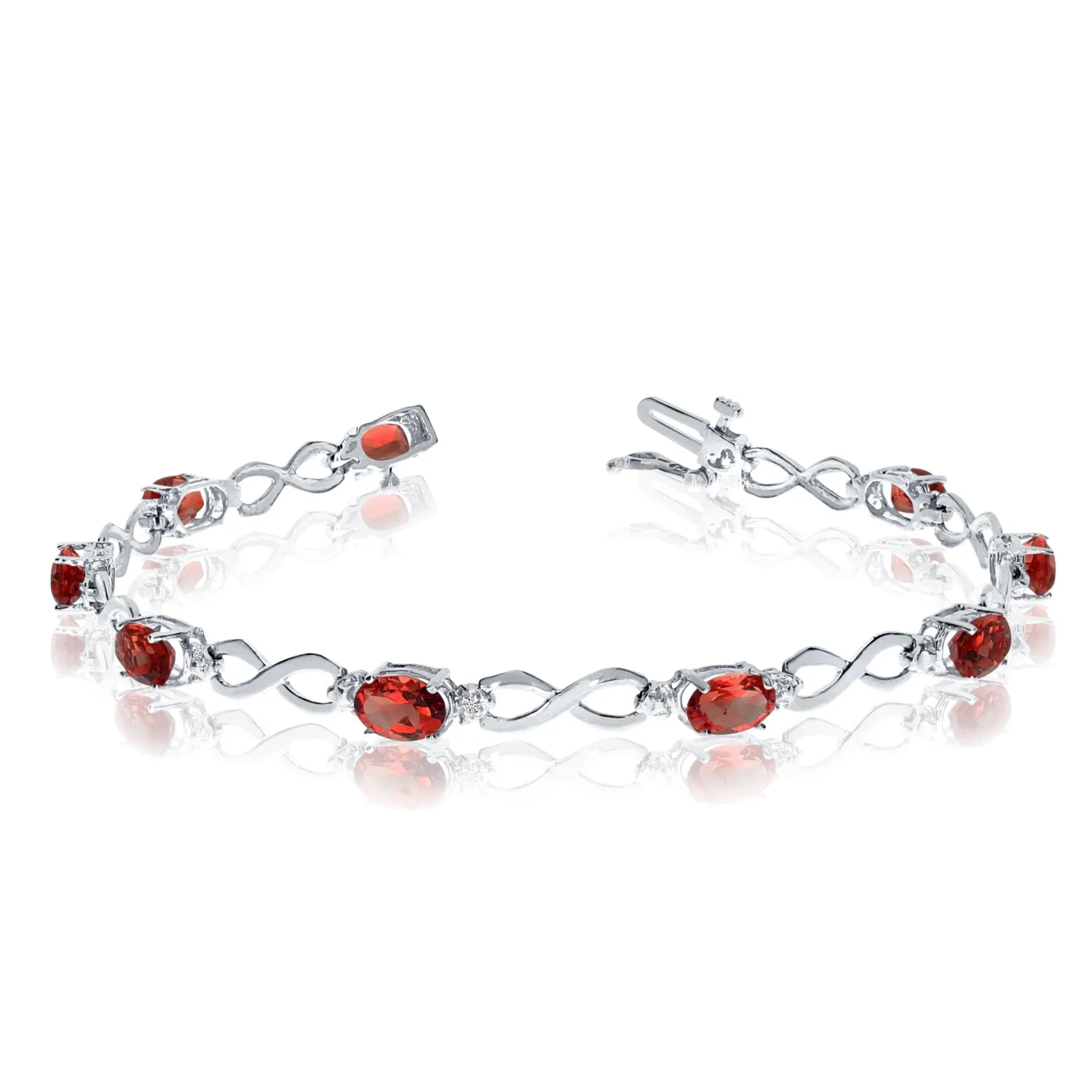 14K White Gold Oval Garnet Stones And Diamonds Infinity Tennis Bracelet, 7"