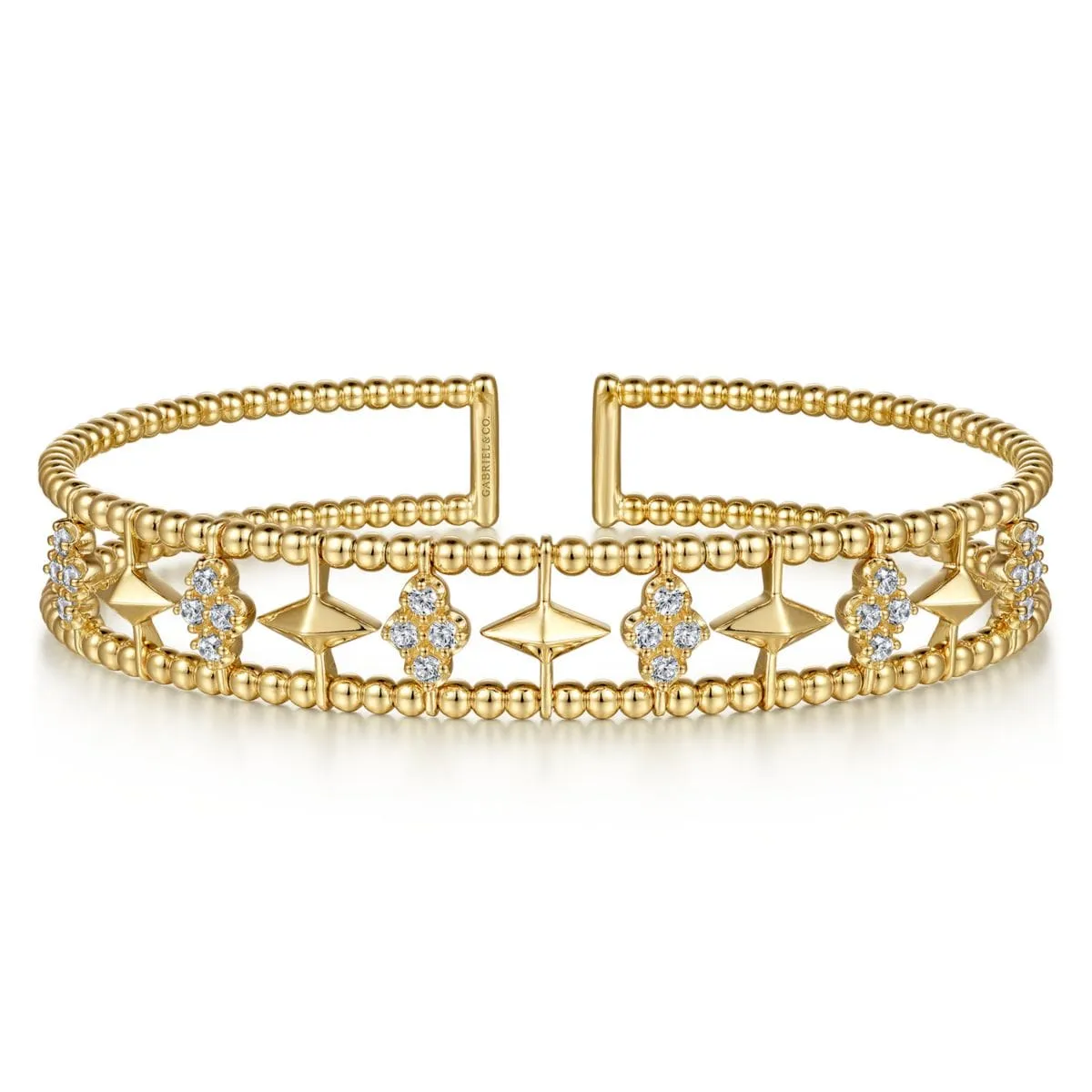 14K Yellow Gold Bujukan Cuff Bracelet with Inner Diamond Cluster and Gold Pyramid Connectors. - BG4615-62Y45JJ