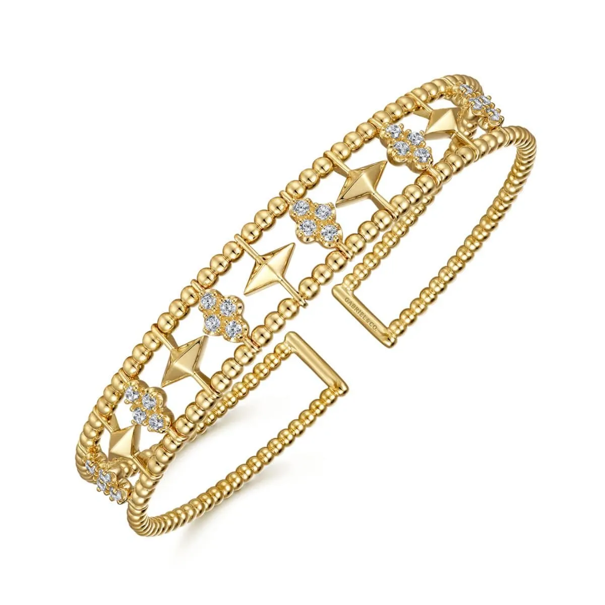 14K Yellow Gold Bujukan Cuff Bracelet with Inner Diamond Cluster and Gold Pyramid Connectors. - BG4615-62Y45JJ