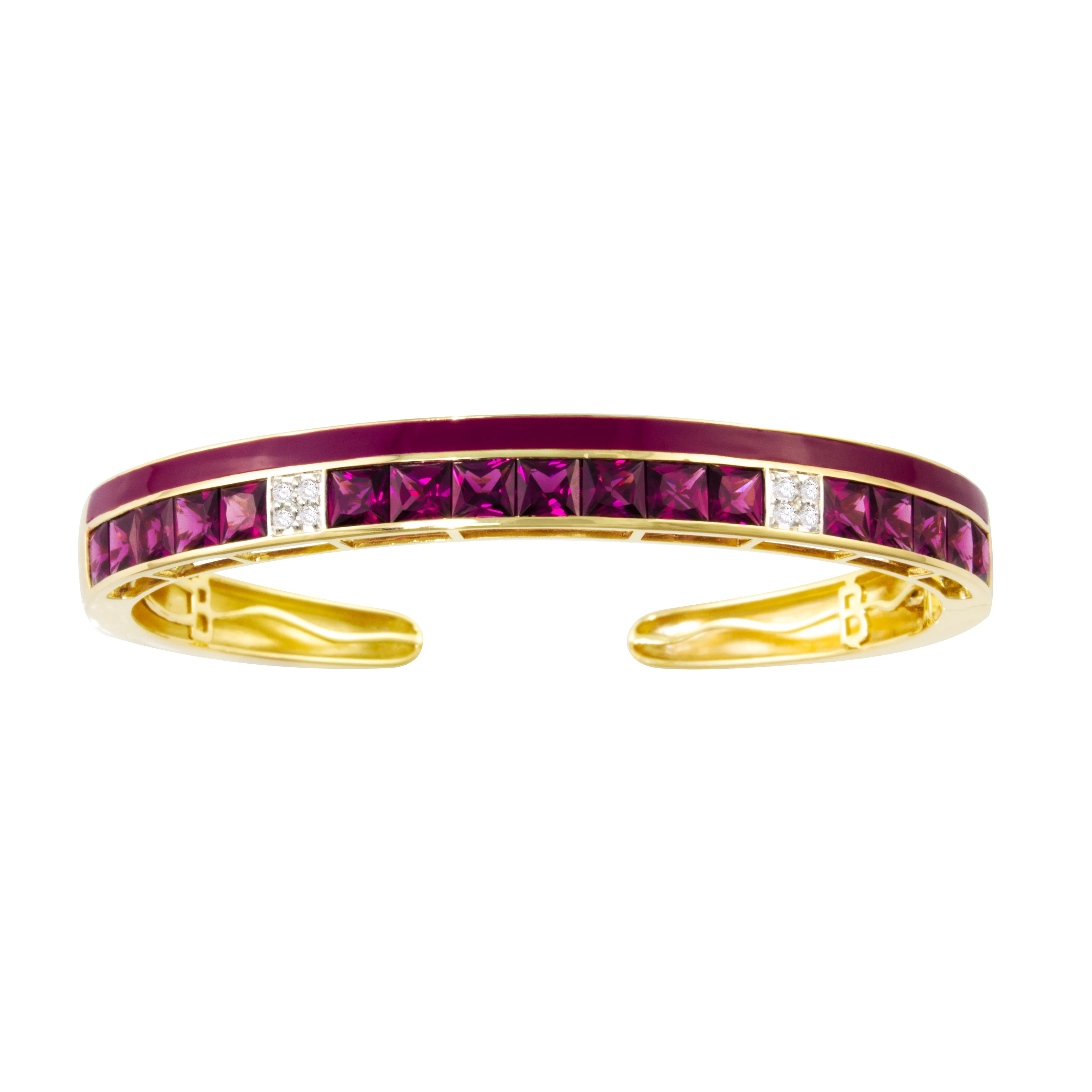 14K Yellow Rhodolite Garnet and Natural Diamond Hinged Bangle Bracelet