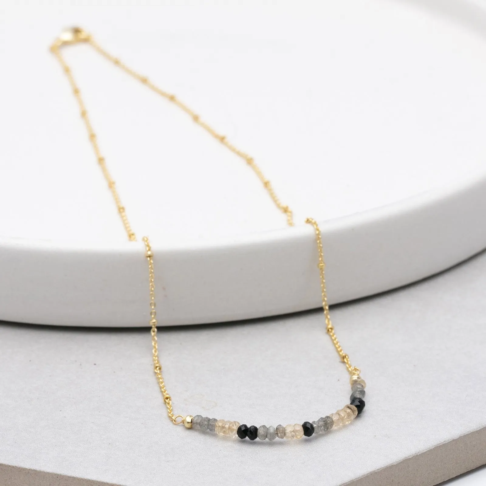 18 Inch 18K Gold Plated Black Onyx Labradorite And Citrine Beaded Necklace