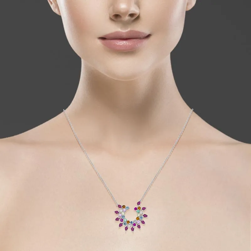 18k Amazonia (cocar) White Gold Necklace With 0.65 Cts Vs-Gh Diamonds  And Citrine And Topaz And Sapphire And Ruby And Emerald And Peridot And Garnet