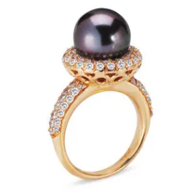 18K Rose Gold Ring With Diamonds And Center Black Pearl