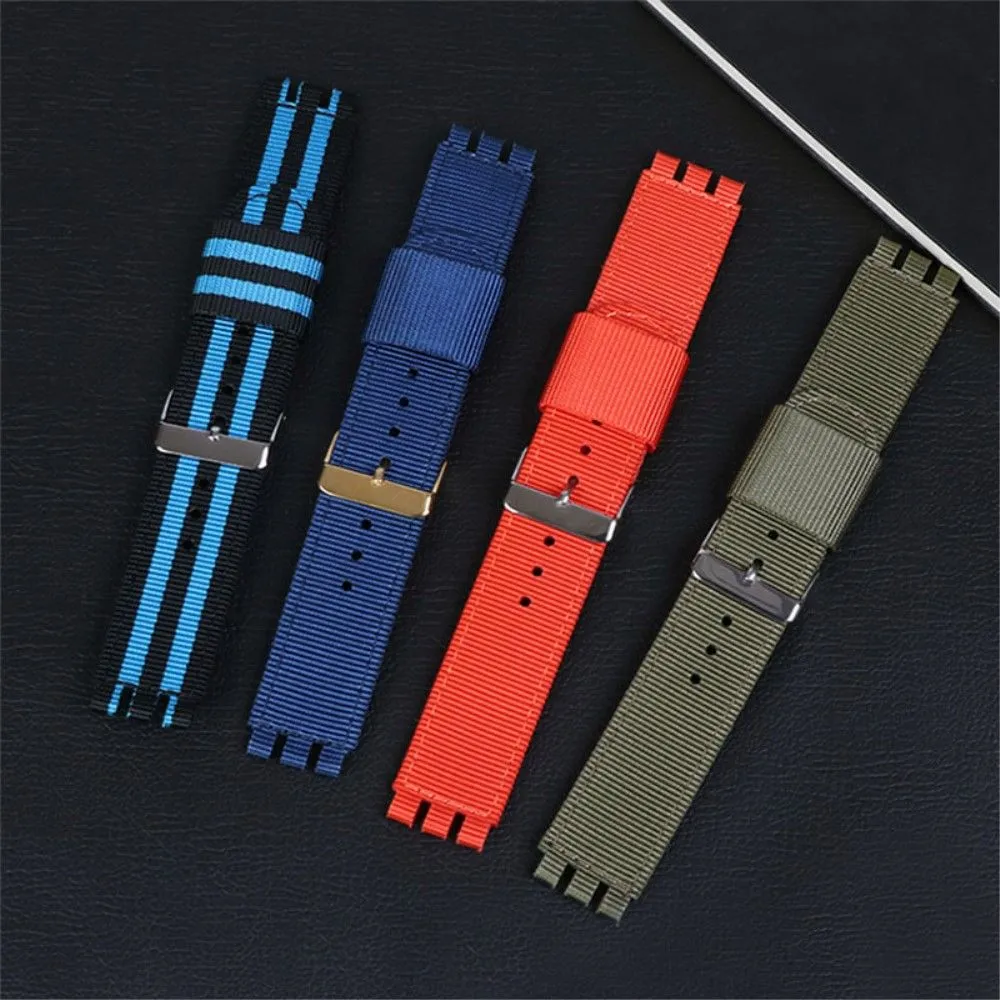 19mm Universal nylon   canvas watch strap silver buckle - Black / Marine Blue