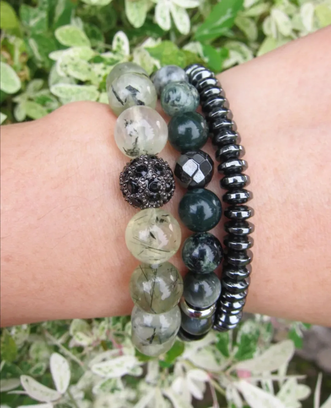 2 piece set - Prehnite, Green Bloodstone, Green Serpentine Jasper Mala Bracelets