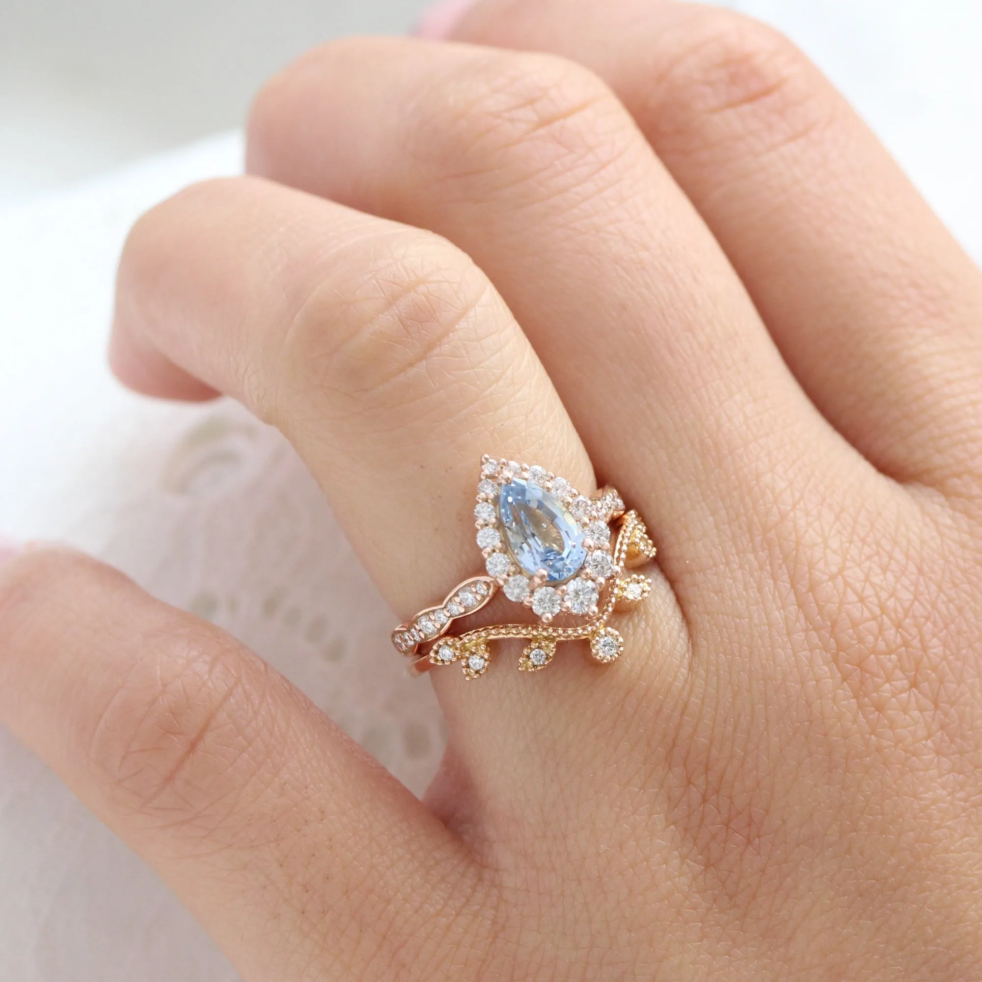 2.0 Ct Pear Aqua Blue Sapphire Ring in 14k Rose Gold Tiara Halo Diamond, Size 6.25