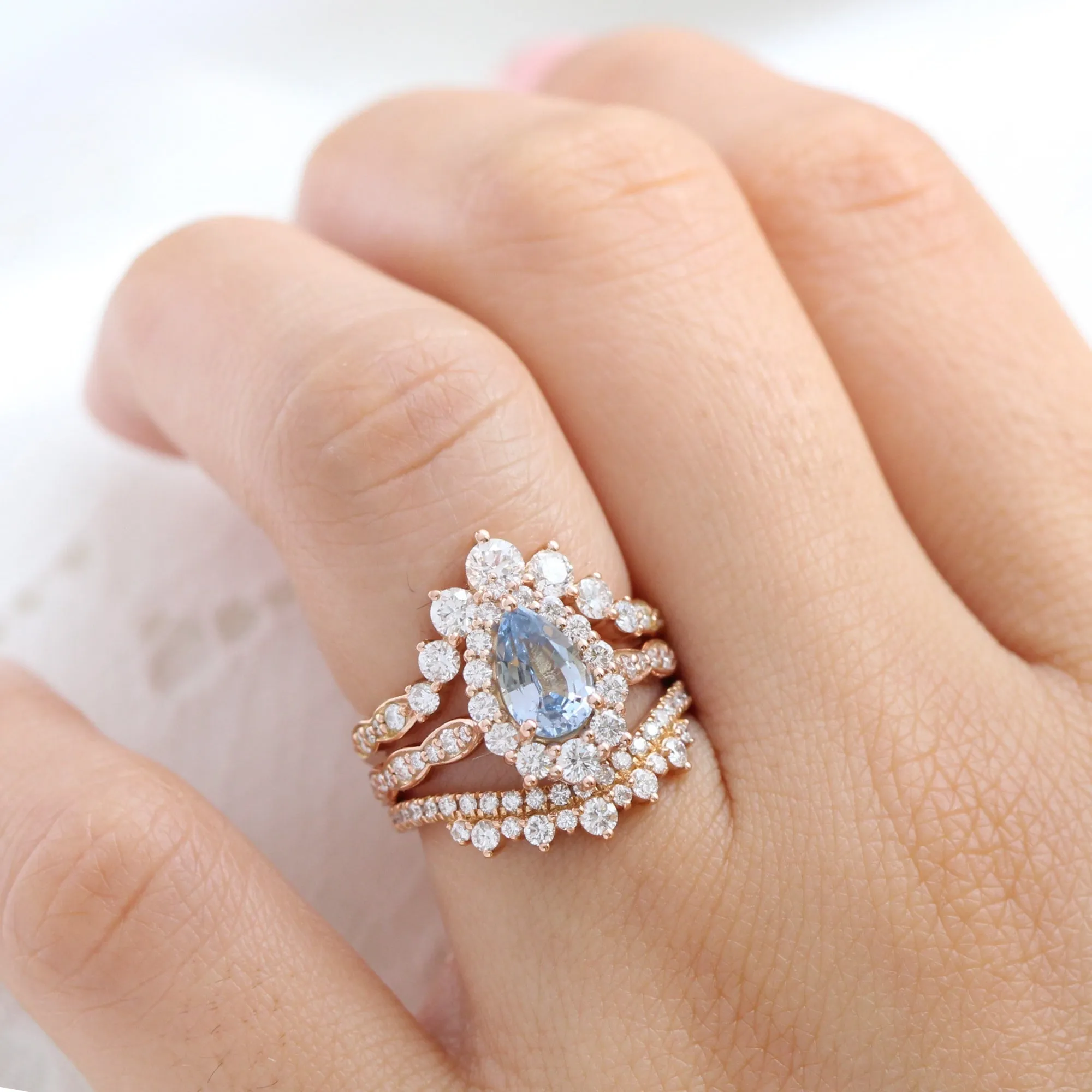 2.0 Ct Pear Aqua Blue Sapphire Ring in 14k Rose Gold Tiara Halo Diamond, Size 6.25