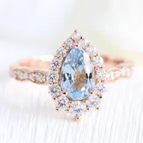 2.0 Ct Pear Aqua Blue Sapphire Ring in 14k Rose Gold Tiara Halo Diamond, Size 6.25