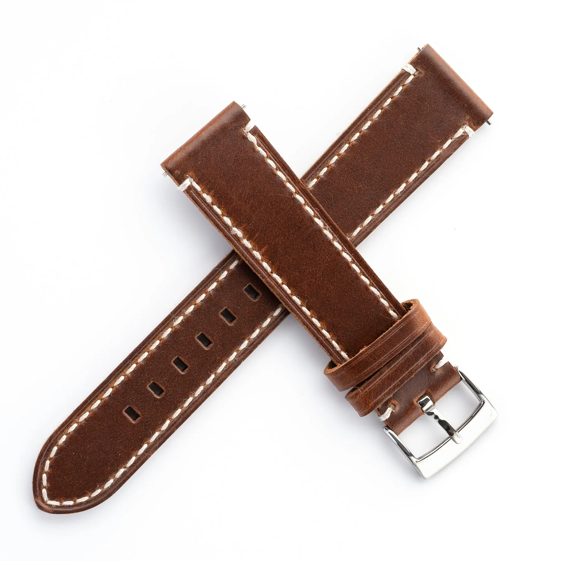 20mm 22mm Quick Release Handmade Leather Watch Strap - Dark Brown White Stitching