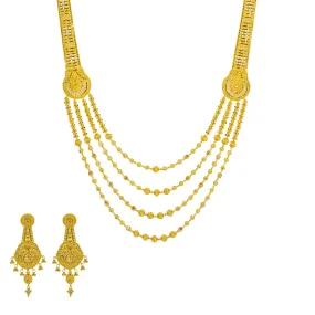 22K Yellow Gold Long Necklace & Earrings Set W/ Draping Collar Strands