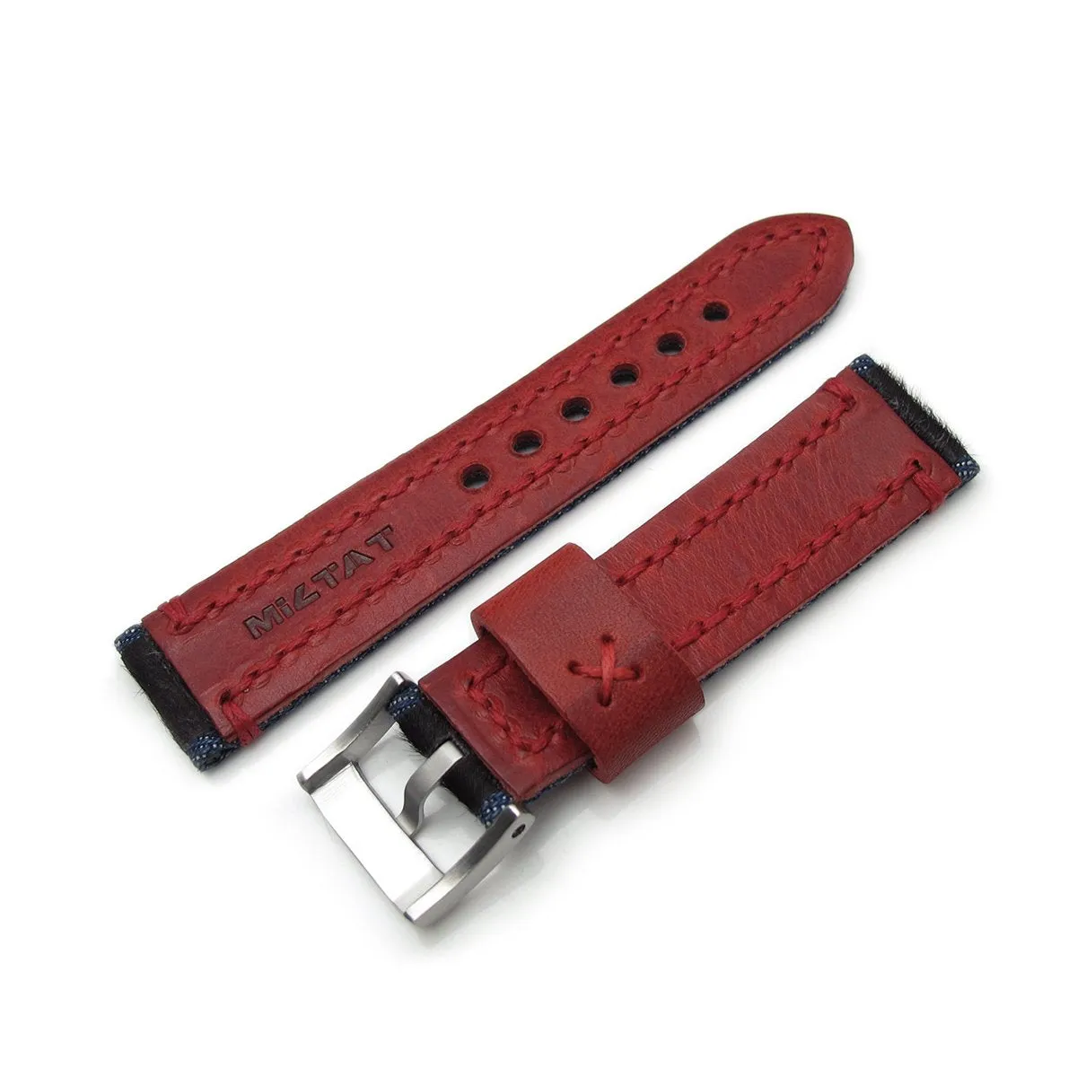 22mm MiLTAT Zizz Collection Brown Fur & Denim Watch Strap Red Wax Hand Stitching