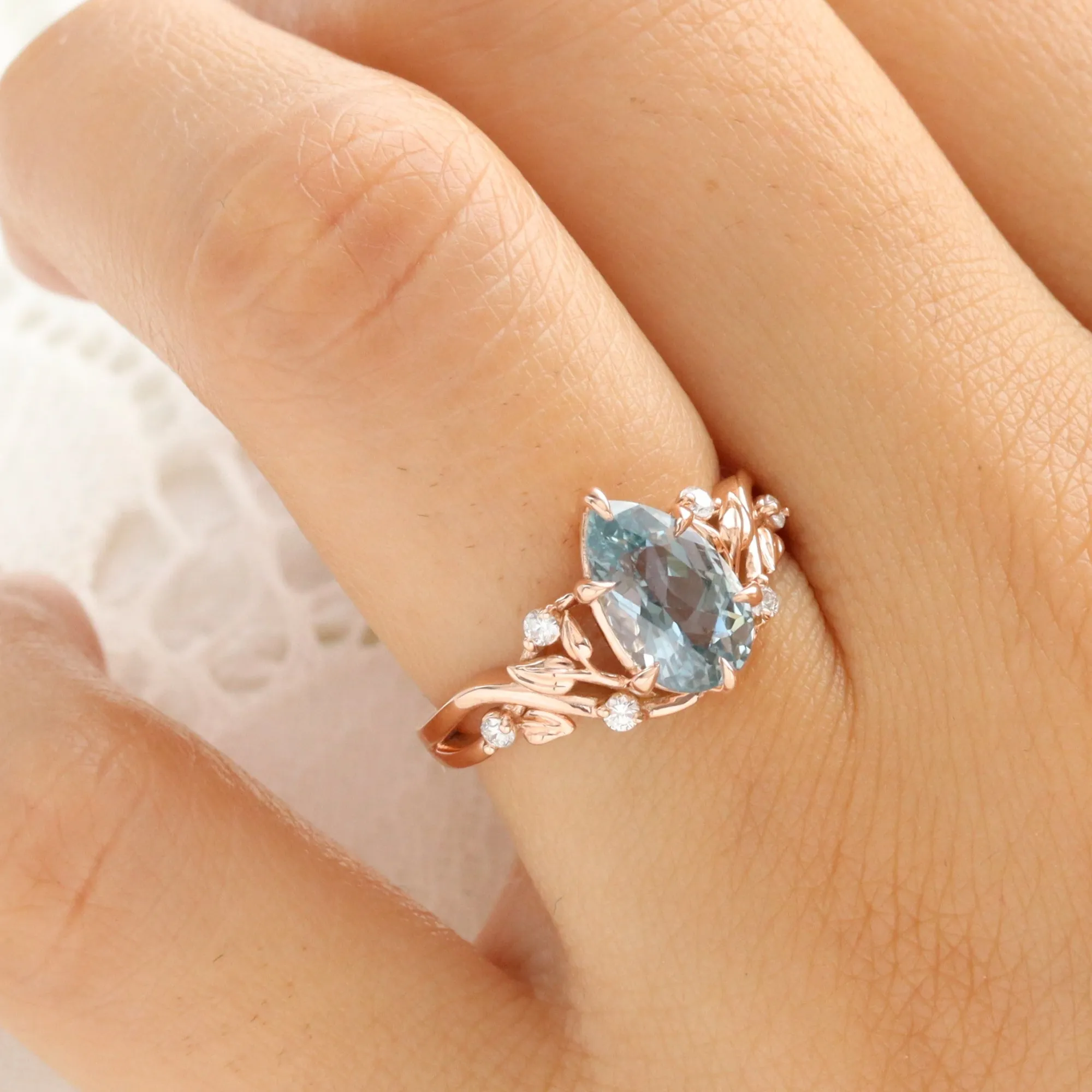 2.33 Ct Pear Aqua Blue Sapphire Ring in 14k Rose Gold Floral Leaf Diamond Size 6.5