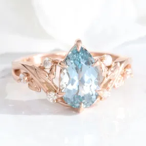 2.33 Ct Pear Aqua Blue Sapphire Ring in 14k Rose Gold Floral Leaf Diamond Size 6.5