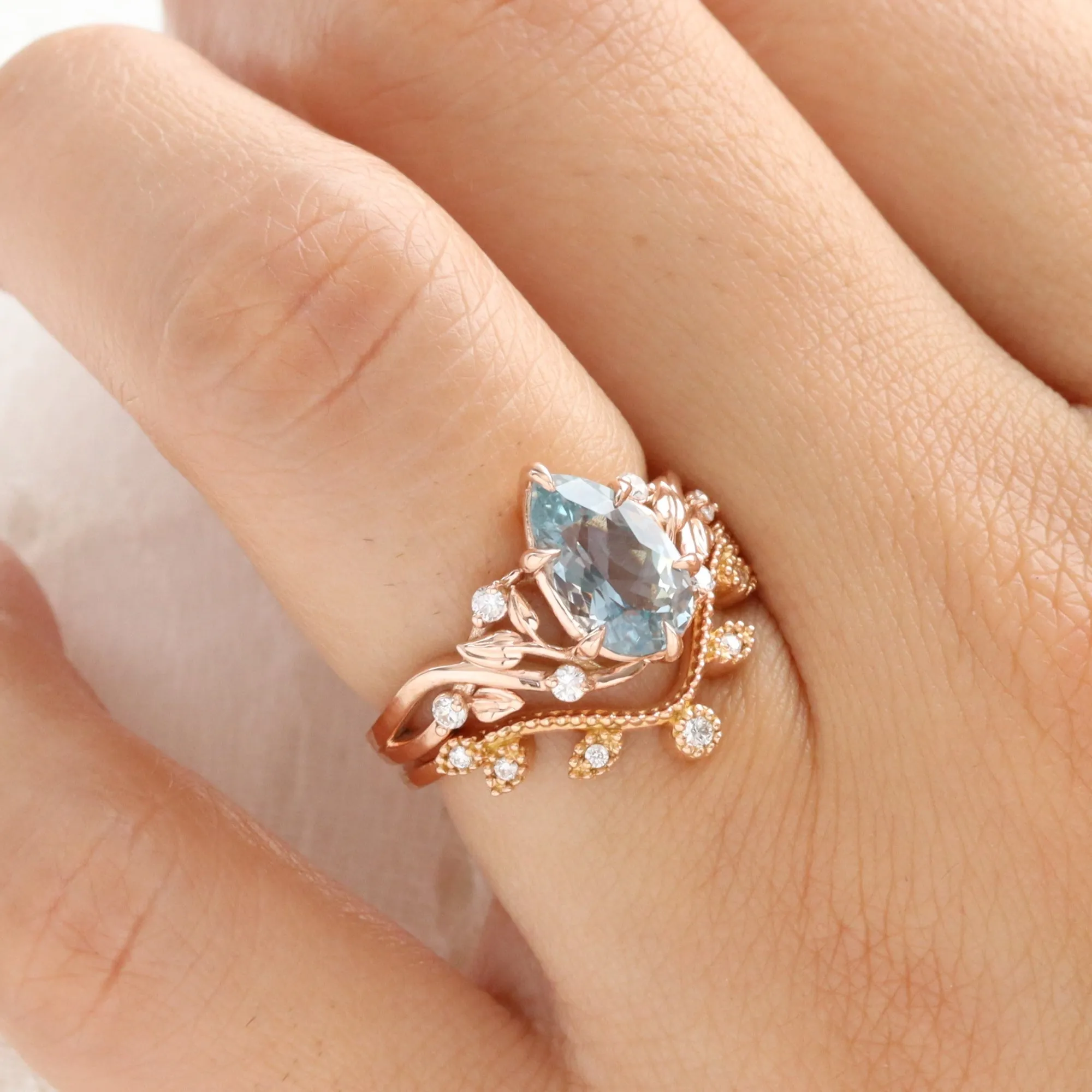 2.33 Ct Pear Aqua Blue Sapphire Ring in 14k Rose Gold Floral Leaf Diamond Size 6.5