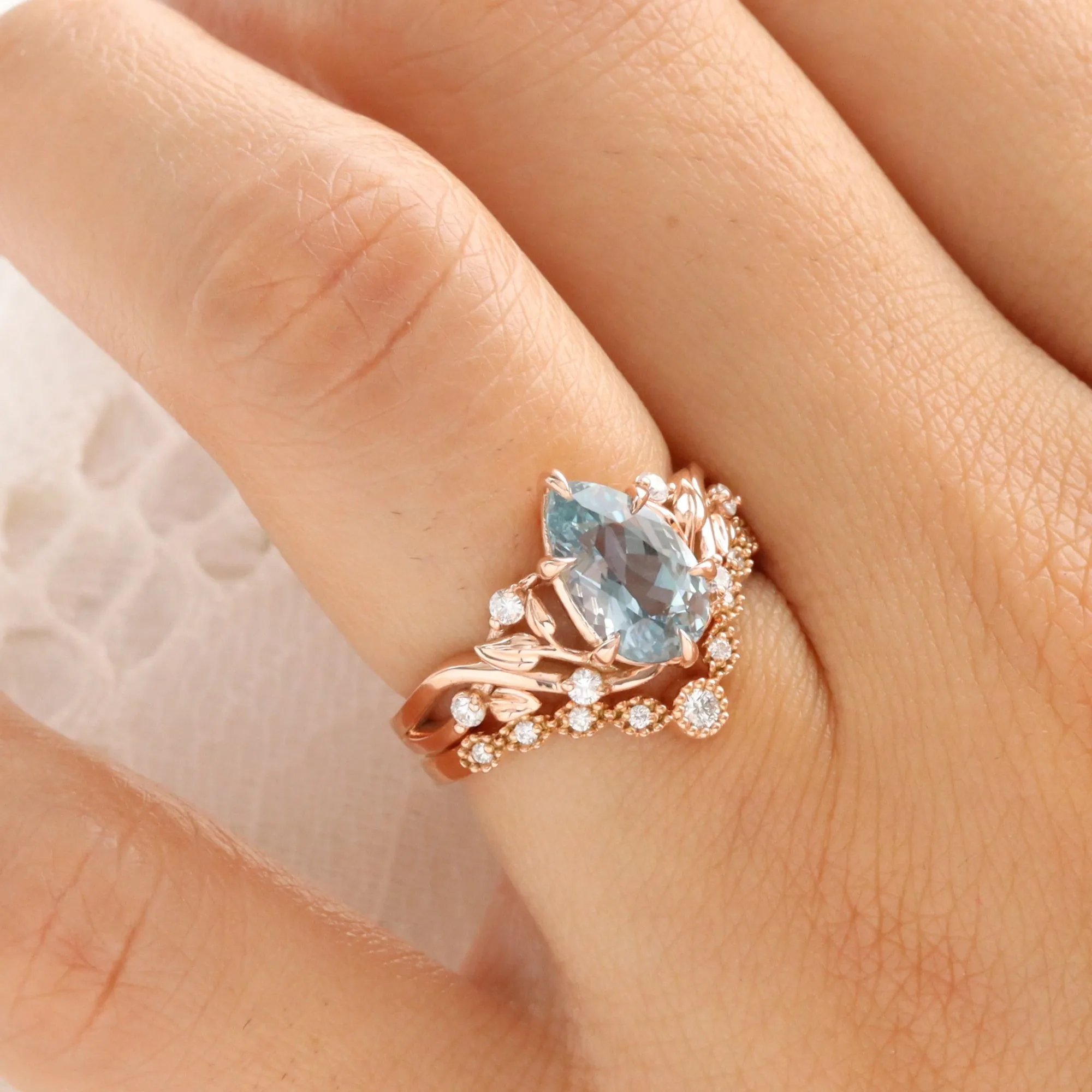 2.33 Ct Pear Aqua Blue Sapphire Ring in 14k Rose Gold Floral Leaf Diamond Size 6.5