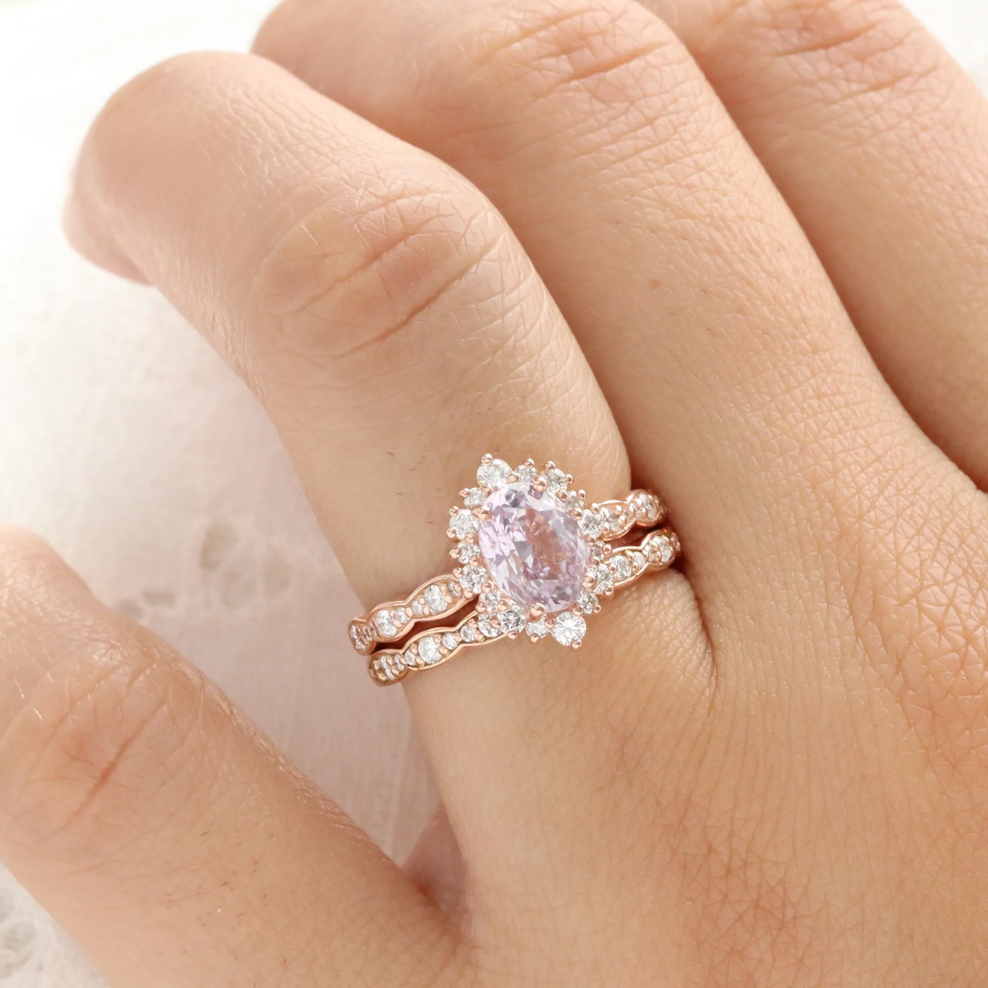 2.47 Ct Oval Lavender Sapphire Ring in 14k Rose Gold Tiara Halo Diamond, Size 6.5