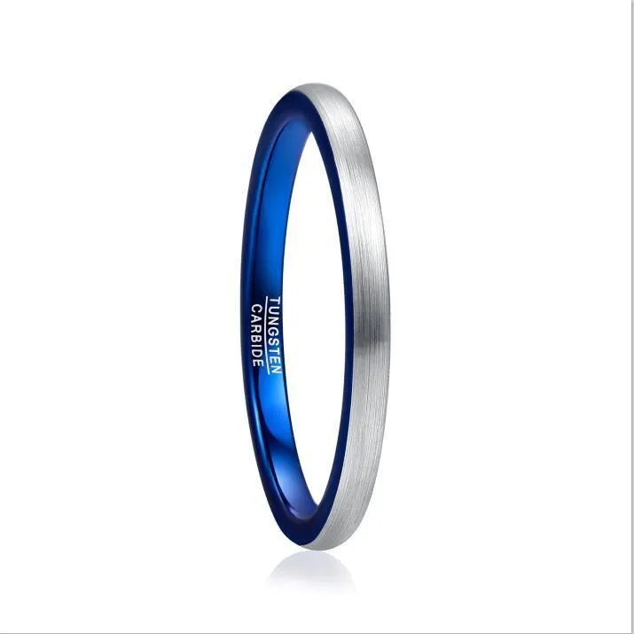 2mm Brushed Tungsten Steel Ring - Electroplated Blue & Silver, Unisex