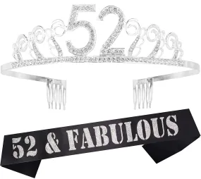 52nd Birthday Gifts for Woman, 52nd Birthday Tiara and Sash Silver, HAPPY 52nd Birthday