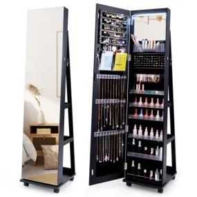 64 Inches Lockable Jewelry Cabinet Armoire with Built-in Makeup Mirror-Black