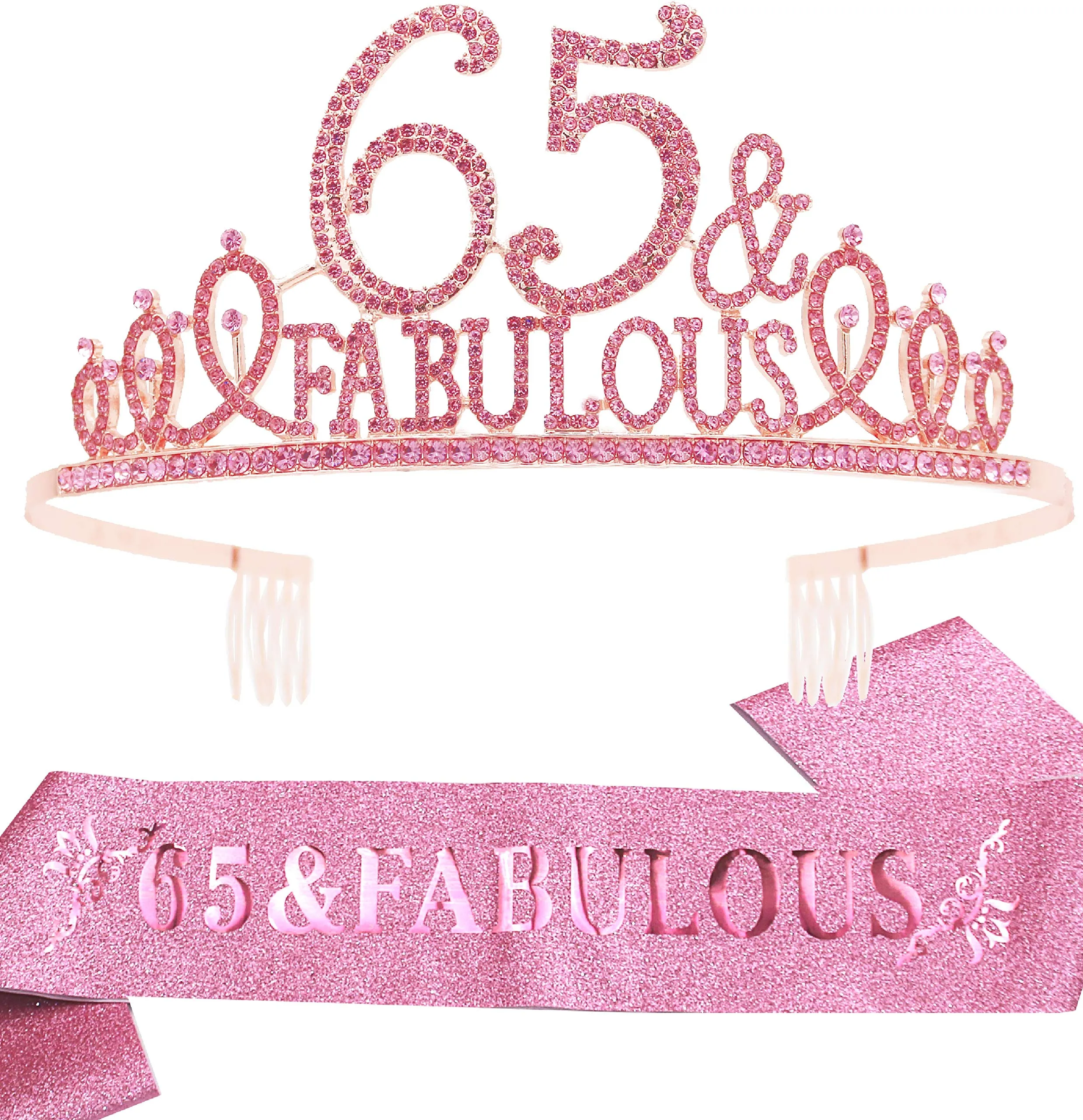 65th Birthday Gifts for Women,65th Birthday Tiara and Sash Pink,65th Birthday Decorations