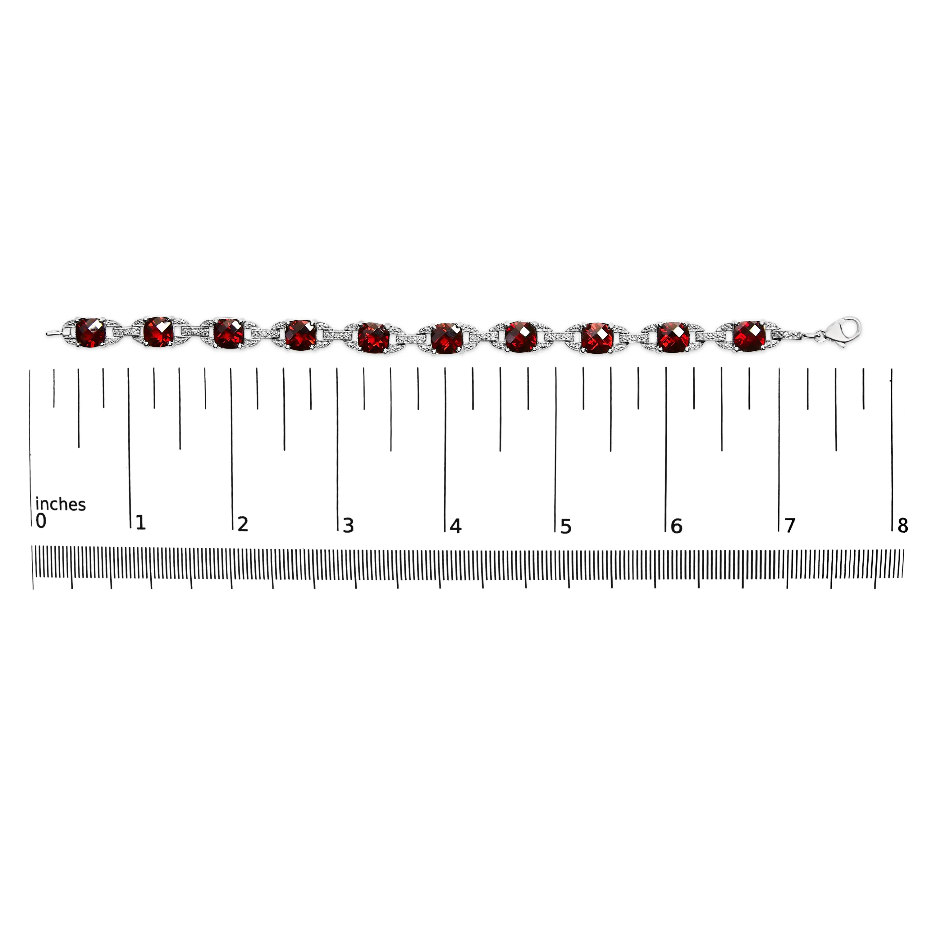 .925 Sterling Silver 7x7mm Checkered Cushion Red Garnet and Diamond Accent Fashion Tennis Link Bracelet