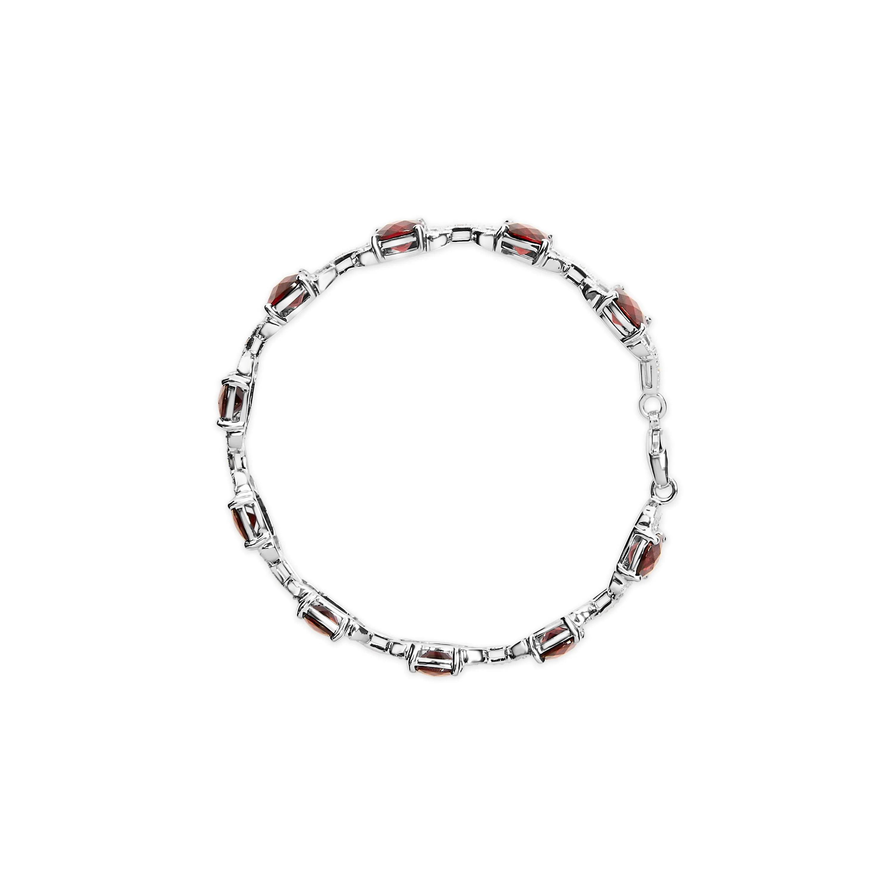 .925 Sterling Silver 7x7mm Checkered Cushion Red Garnet and Diamond Accent Fashion Tennis Link Bracelet