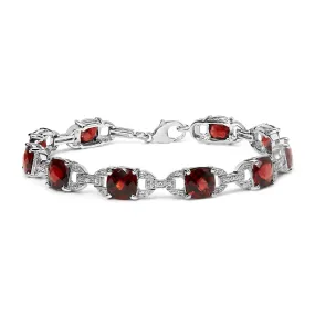 .925 Sterling Silver 7x7mm Checkered Cushion Red Garnet and Diamond Accent Fashion Tennis Link Bracelet