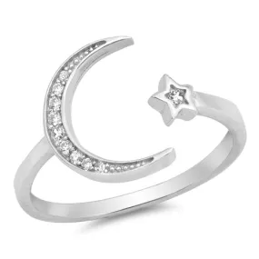 925 Sterling Silver Moon & Star Ring With Clear CZ - 12mm