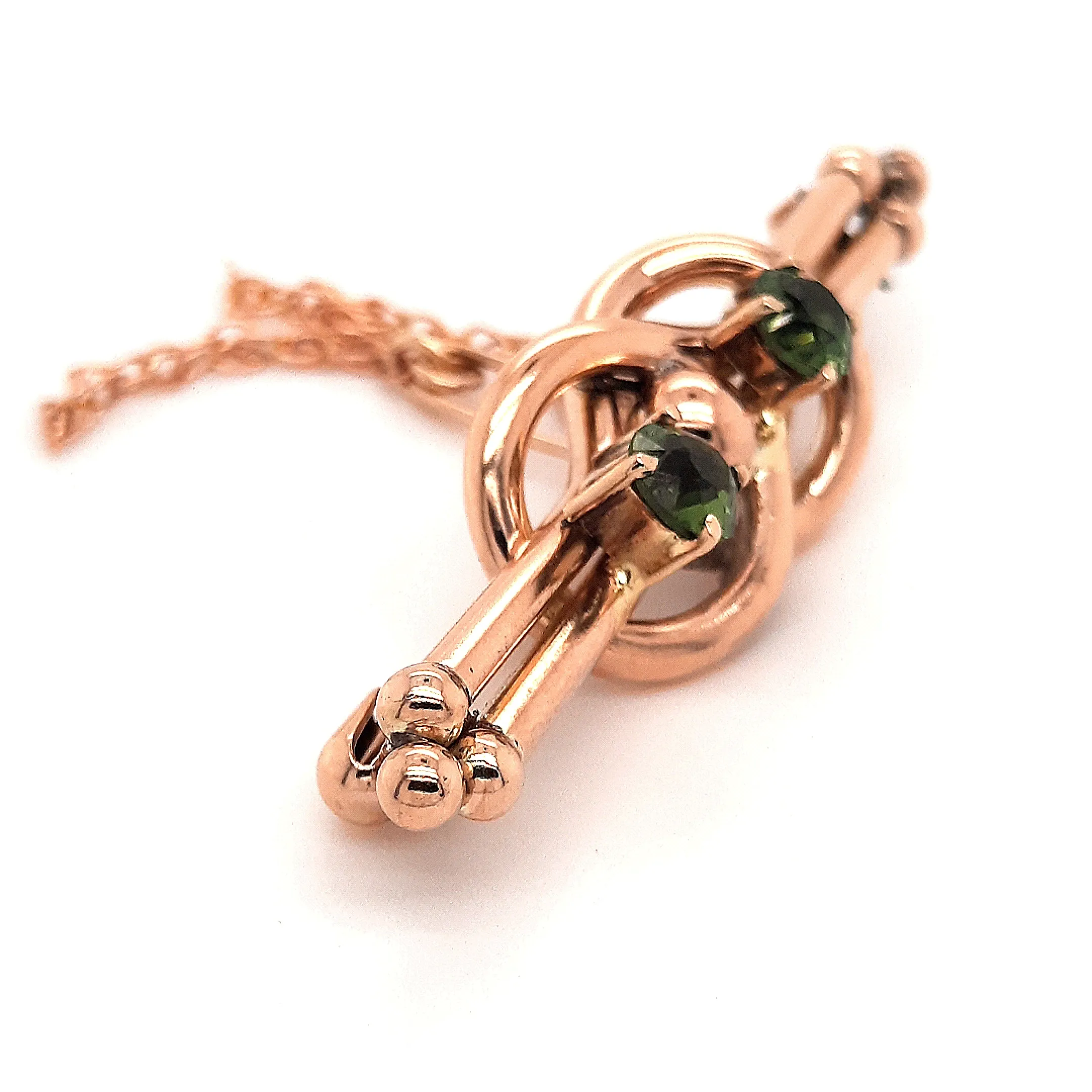 9ct Yellow Gold Love Knot Double Bar Brooch with Green Rhinestones