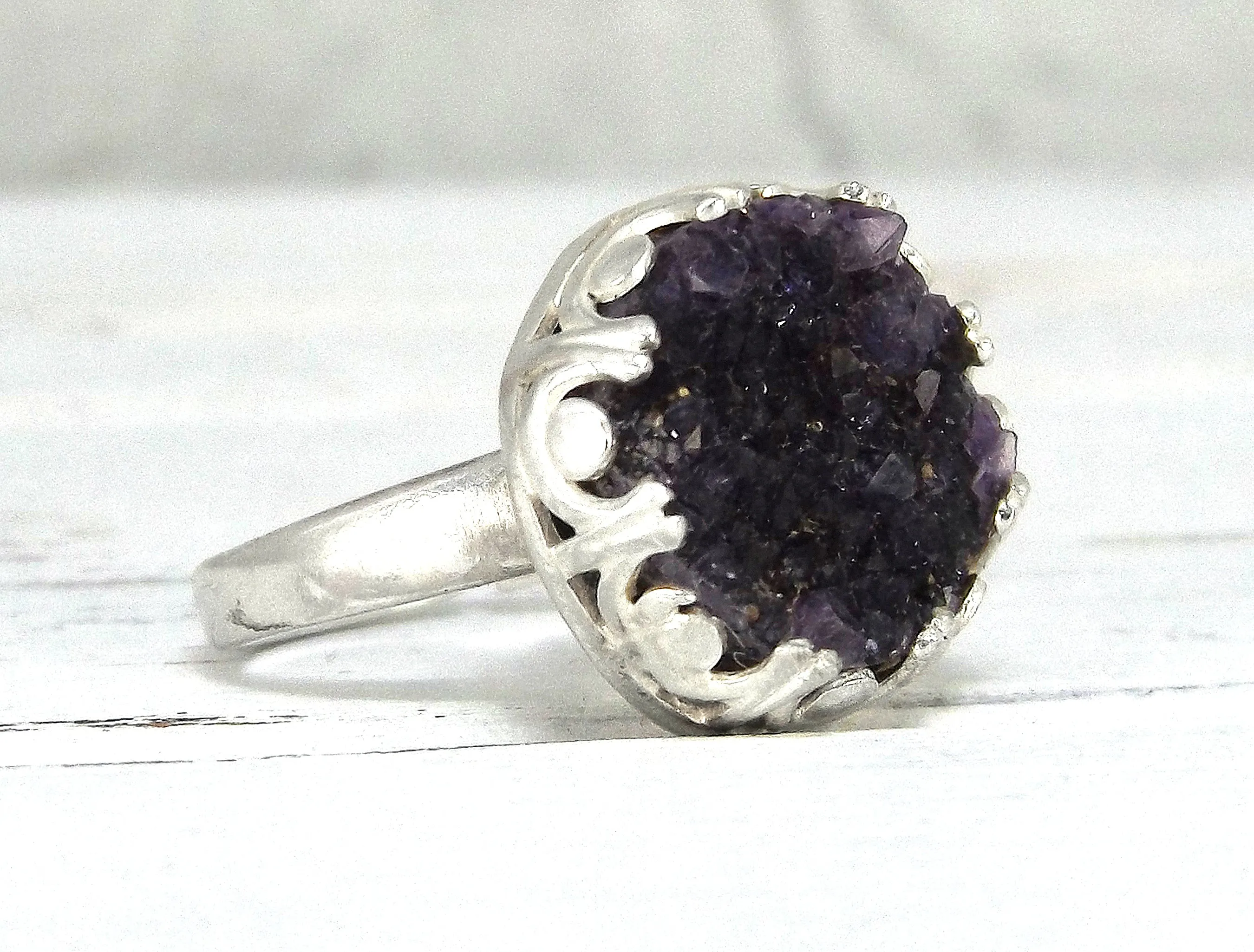 Adjustable Sterling Silver Druzy Amethyst Ring