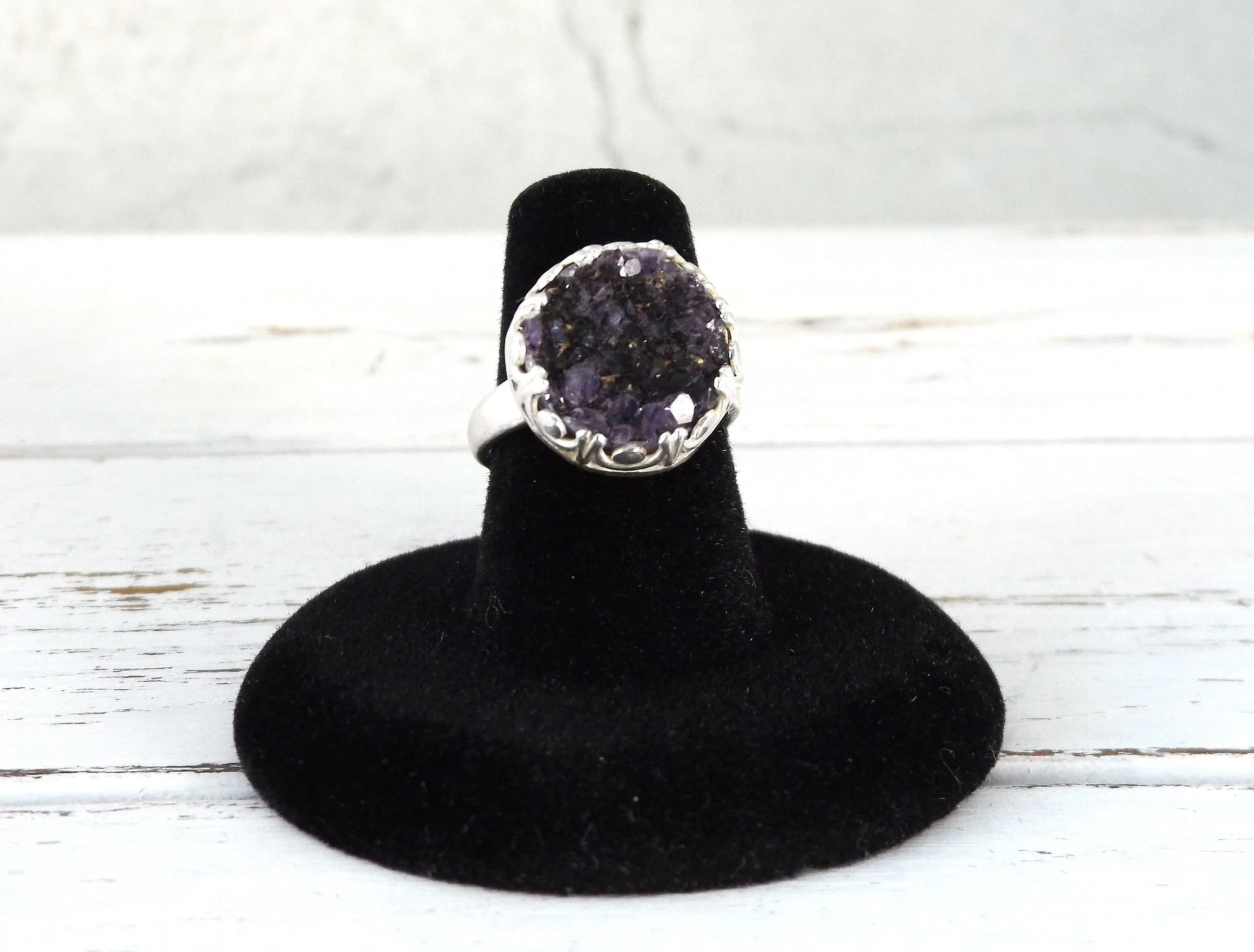 Adjustable Sterling Silver Druzy Amethyst Ring