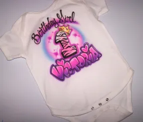 Airbrushed Birthday Girl Onesie With Name Age & Tiara Crown