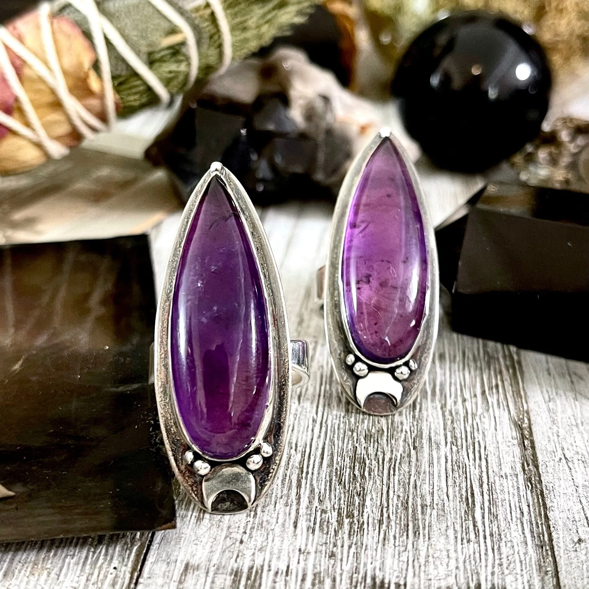 Amethyst Crystal Ring in Sterling Silver, Magic Moon Ring Purple - Designed by FOXLARK Collection Adjustable to Size 6 7 8 9 10 / Crystal Witchy Jewelry