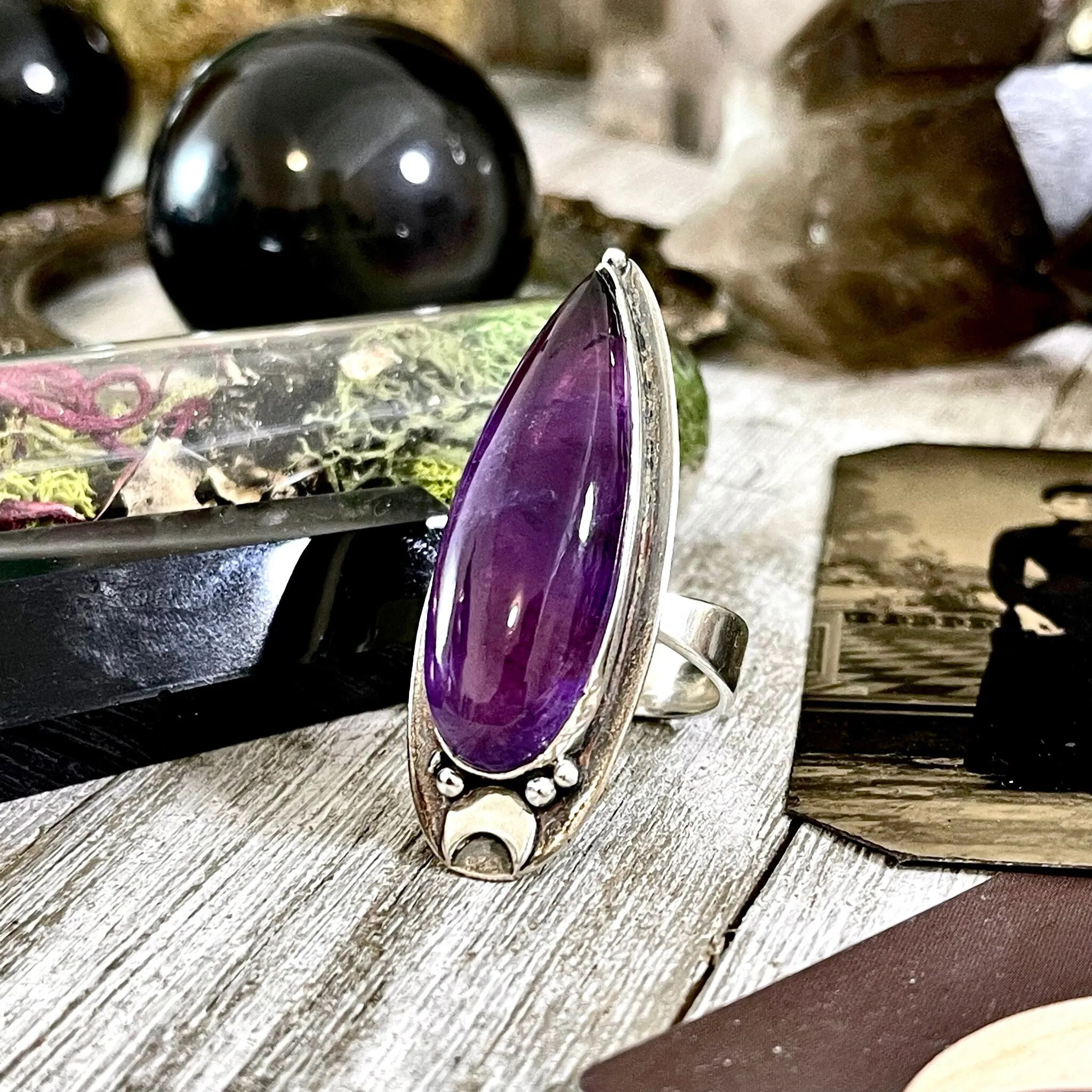 Amethyst Crystal Ring in Sterling Silver, Magic Moon Ring Purple - Designed by FOXLARK Collection Adjustable to Size 6 7 8 9 10 / Crystal Witchy Jewelry